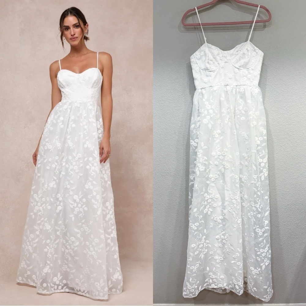 S - NWOT Lulus Ethereal Perfection White Organza Embroidered Bustier Maxi Dress